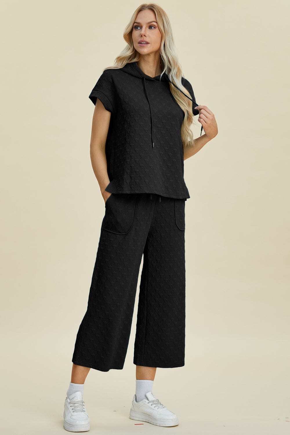 Double Take Full Size Texture Drawstring Short Sleeve Hoodie and Pocketed Pants Set、mySite、camillekostekn
