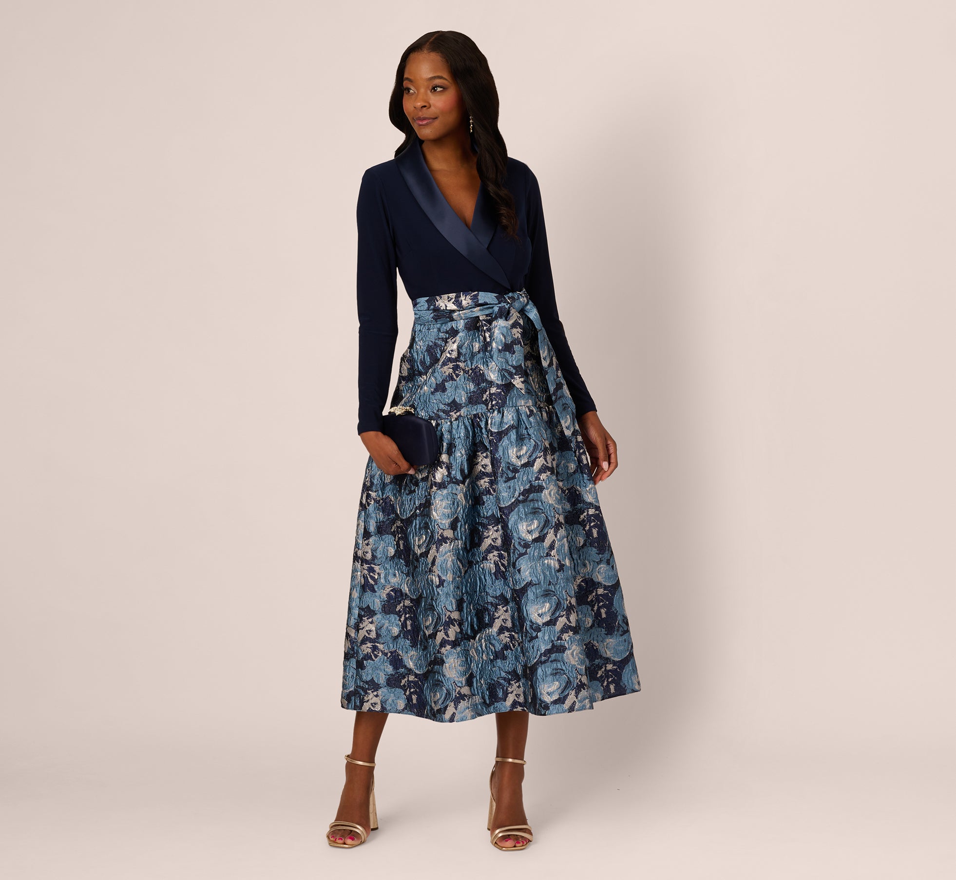 Long Sleeve Tuxedo Jacquard Combo Gown In Midnight Multi、mySite、solidvoid