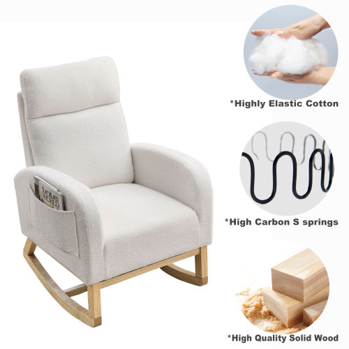 Video Welike 27.6"W Modern Accent High Backrest Living Room Lounge Arm Rocking Chair, Two Side Pocket ,Teddy White (Ivory)、、casual