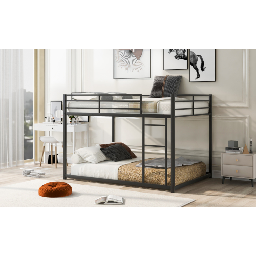 Full over Full Metal Bunk Bed, Low Bunk Bed with Ladder, Black(Old SKU:MF197034AAB)、、casual