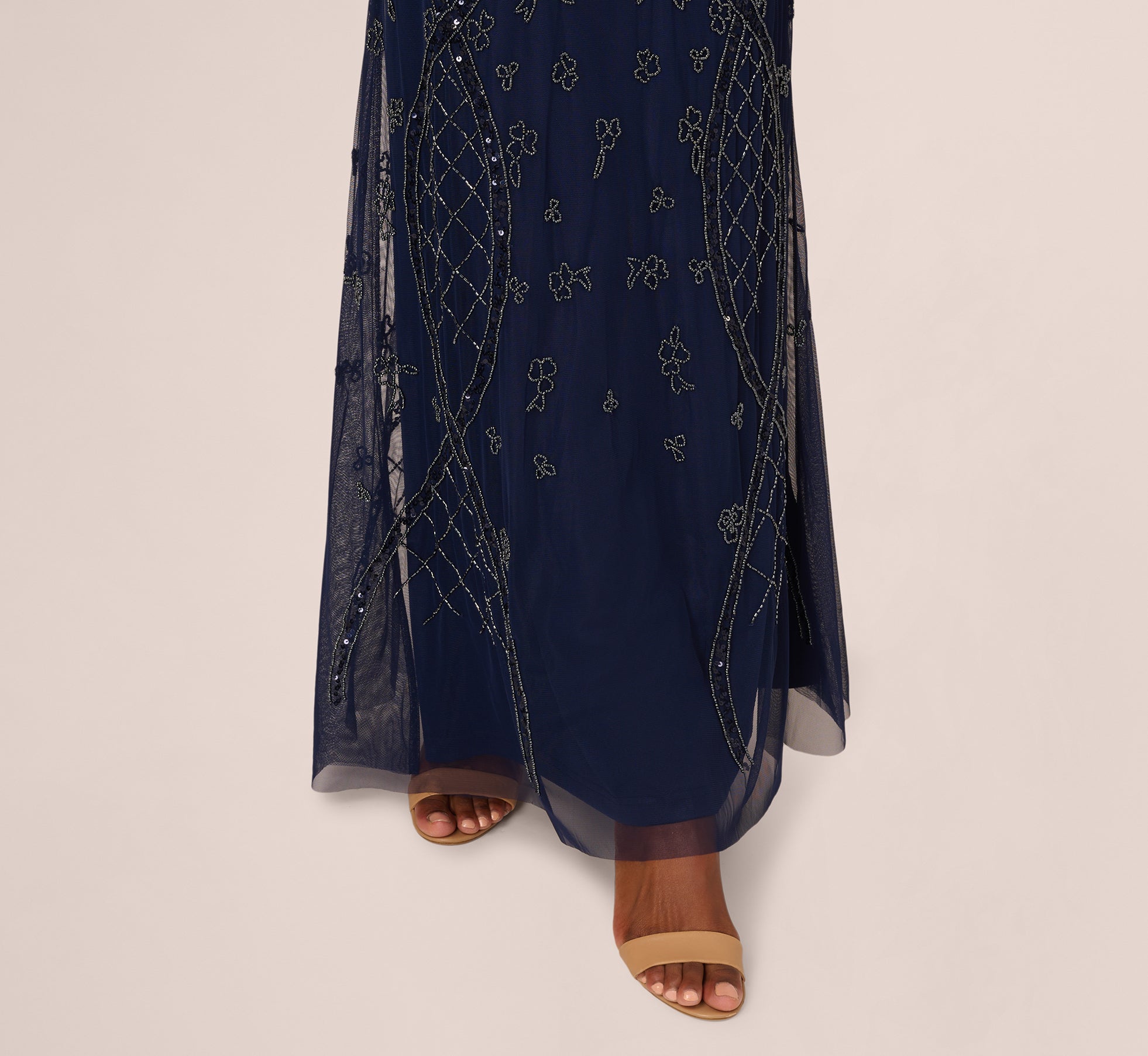 Sequin Beaded Gown With Sheer Cape Sleeves In Light Navy、mySite、solidvoid