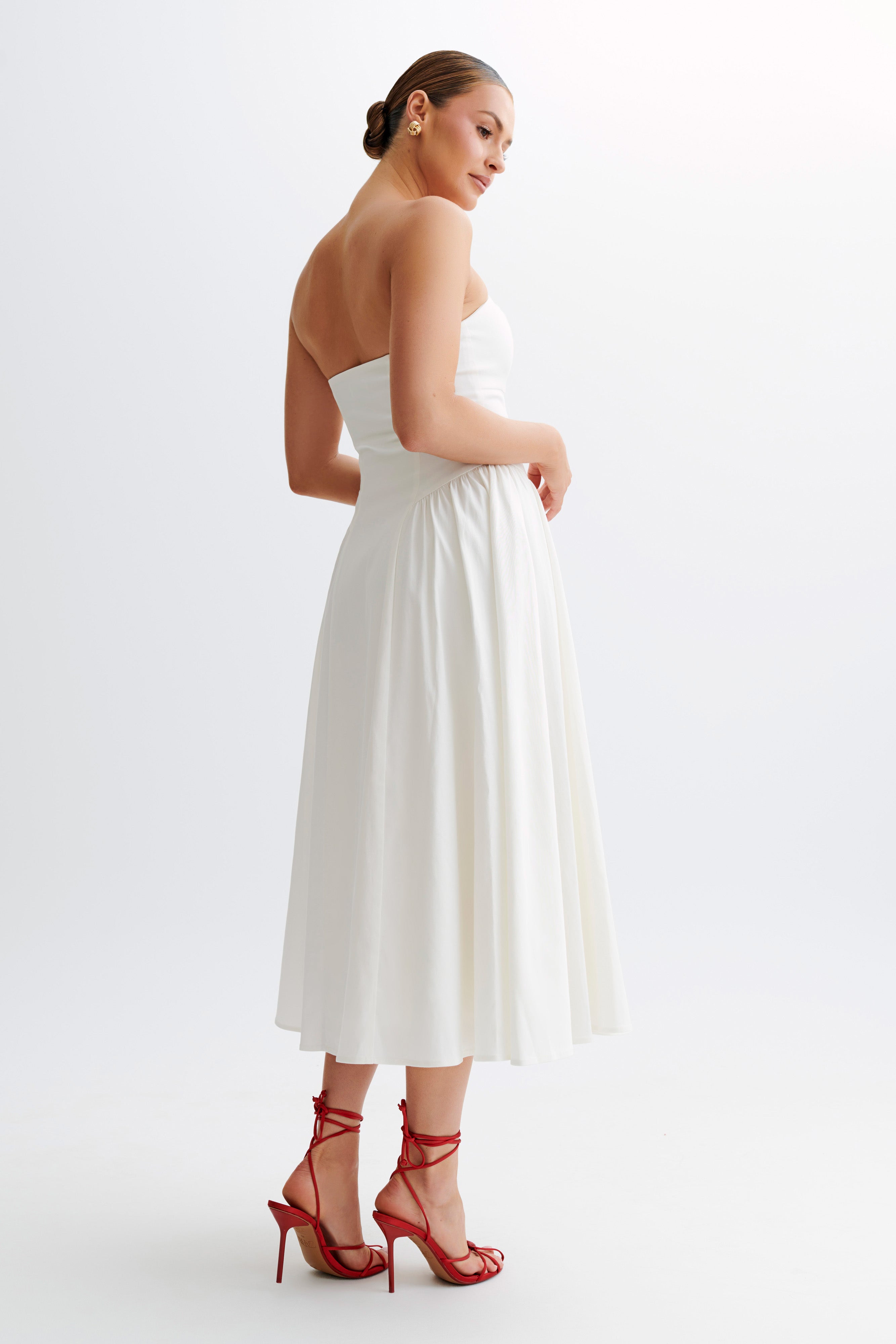 Carmele Cotton Gathered Midi Dress - White、mySite、solidvoid