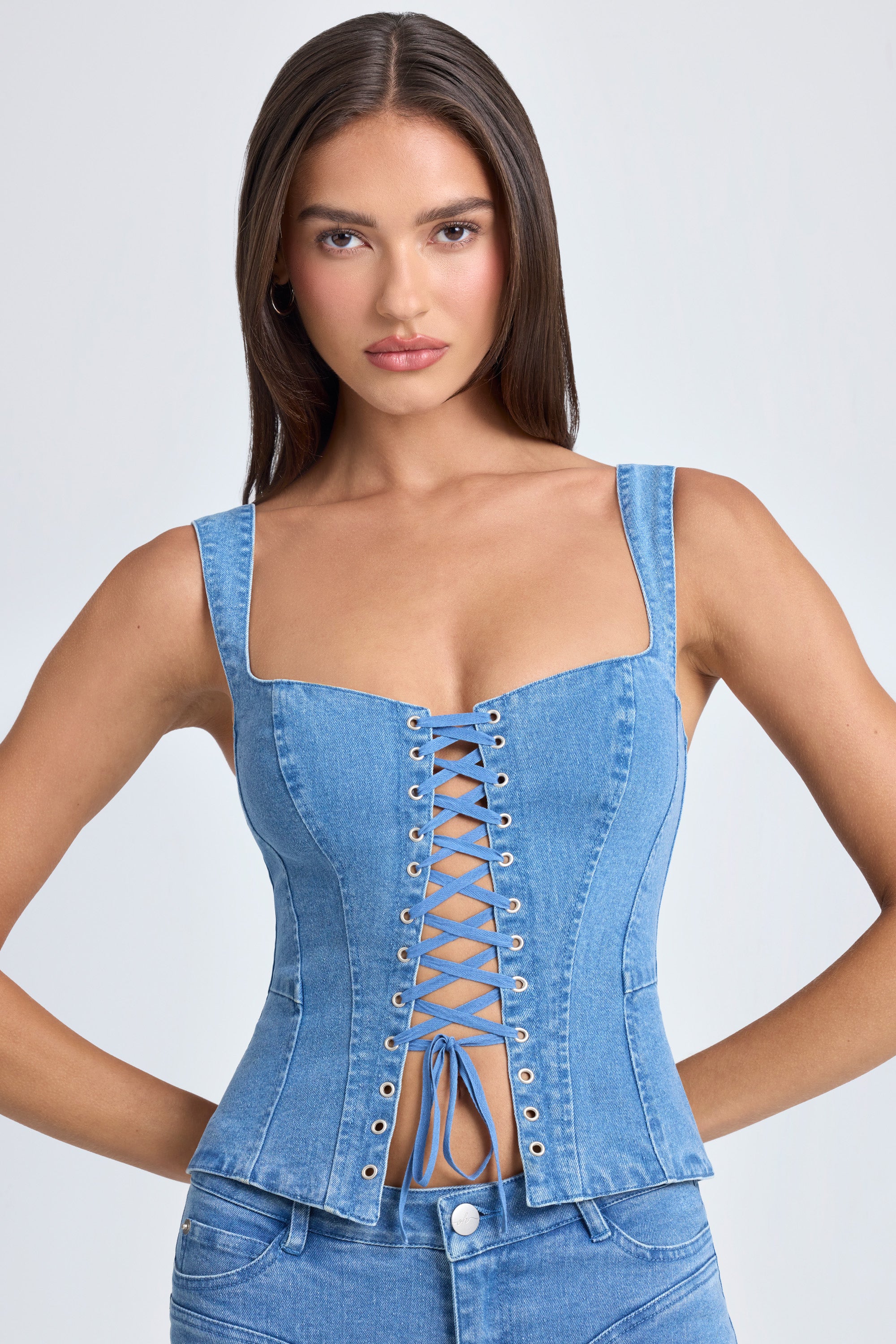 Lace-Up Corset Top in Mid Blue Stonewash、mySite、solidvoid