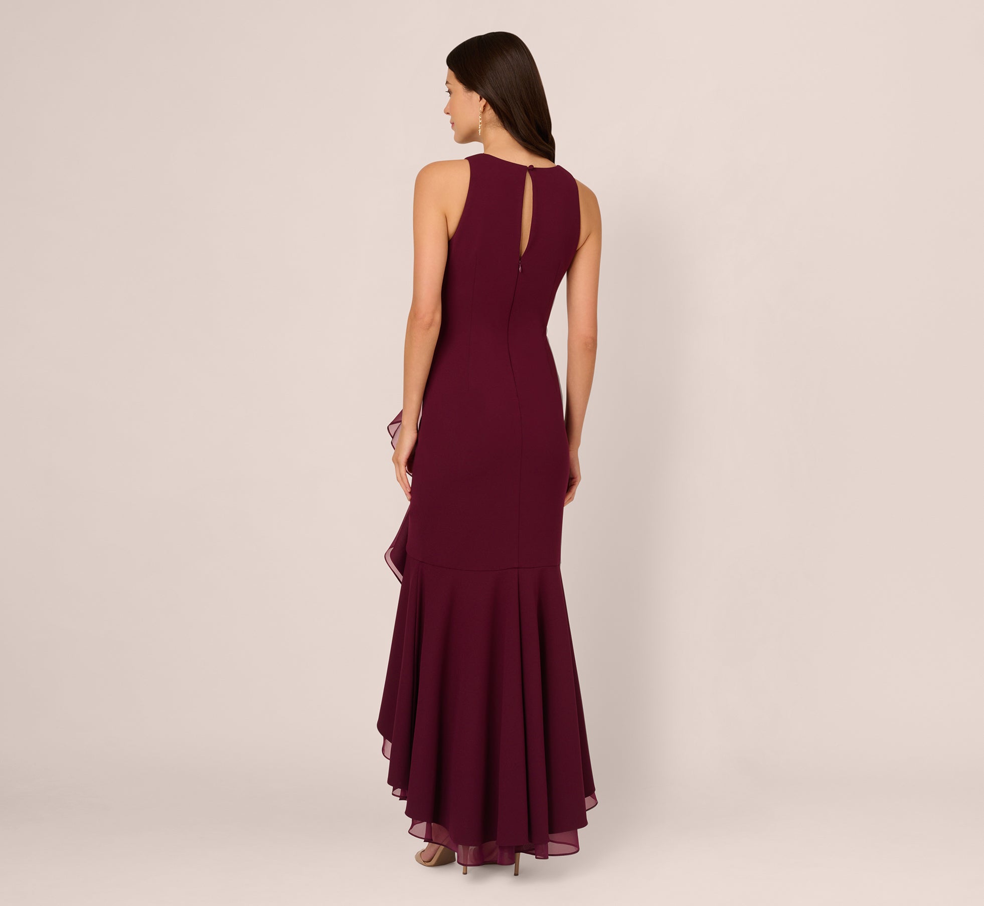High Low Crepe Halter Gown With Organza Draping In Cabernet、mySite、solidvoid