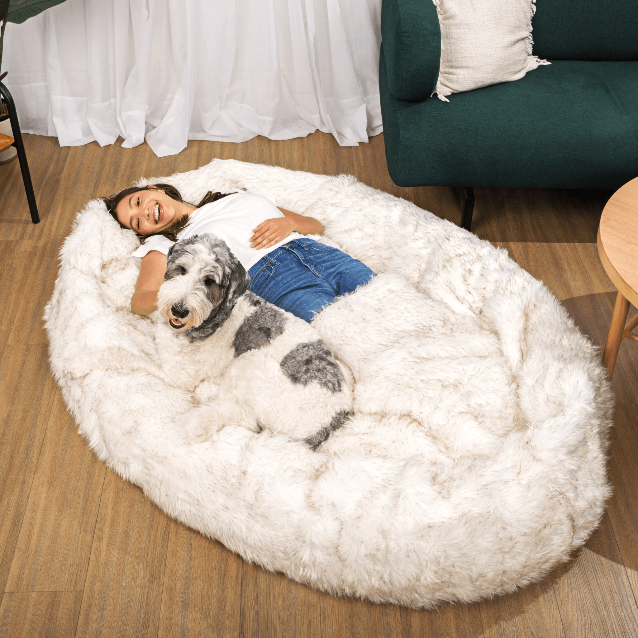 PupCloud™ Human-Size Faux Fur Memory Foam Dog Bed - White with Brown Accents、mySite、solidvoid