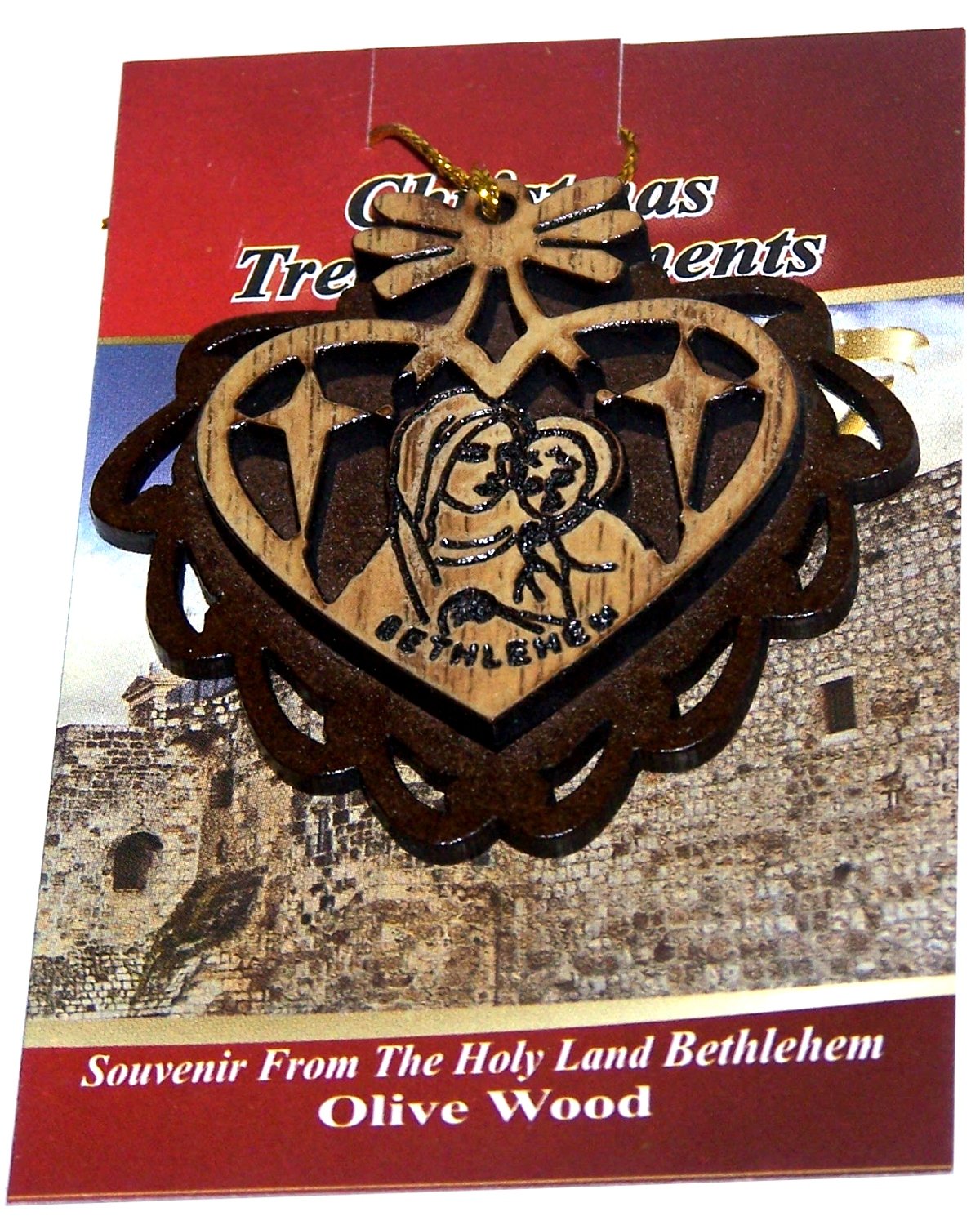  Two Layers Mahogany with Olive wood Mother Mary with Child Ornament gift carved by Laser - Olive wood - all carved inside a Heart (5.5 cm or 2.2 inch with certificate) and gold string、mySite、elrpsem3k