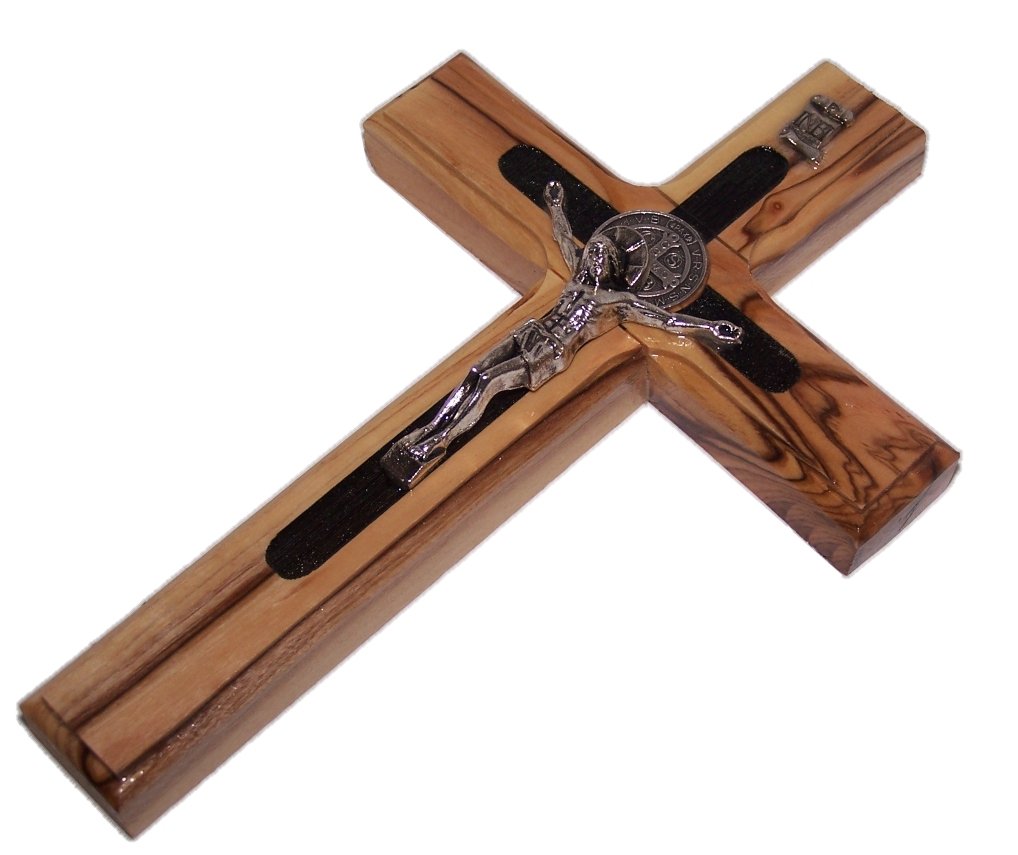 Two Tone Saint Benedict Crucifix - Olive Wood from Bethlehem with Top Grade Corpus and Saint Benedict Medal (6 Inches) - Olive Wood with Black、mySite、topwebapps