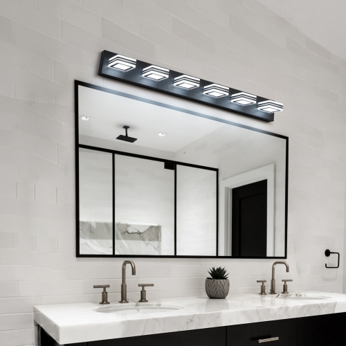 (Same as W134070915/L2004) 32" Modern Black 5-Light LED Vanity Light, Square Acrylic Lampshades Wall Mount Fixture for Bathroom, Mirror Lighting、、eastwooduniform