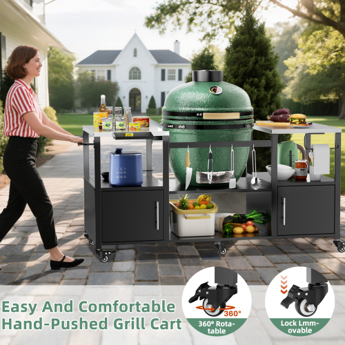 Outdoor Grill Table for Big Green Egg Style BBQ, Metal Grill Cart with 2 Folding Panels, Compatible with up to Large Green Egg, Kamado Joe Jr、、eastwooduniform