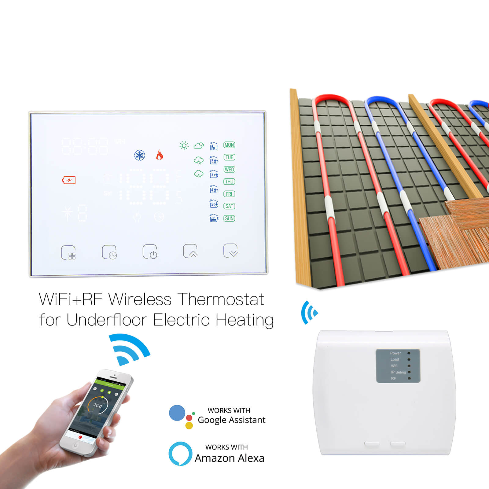 WiFi RF Programmable Thermostat Smart Wall-hung Temperature Controller Wireless RF Receiver for Water/ Electric/ Gas Boiler Floor Heating、mySite、fannypackpong