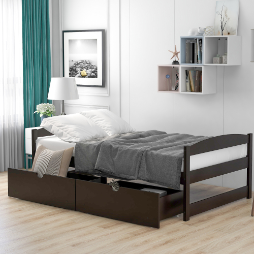 Twin size platform bed, with two drawers, espresso、、casual