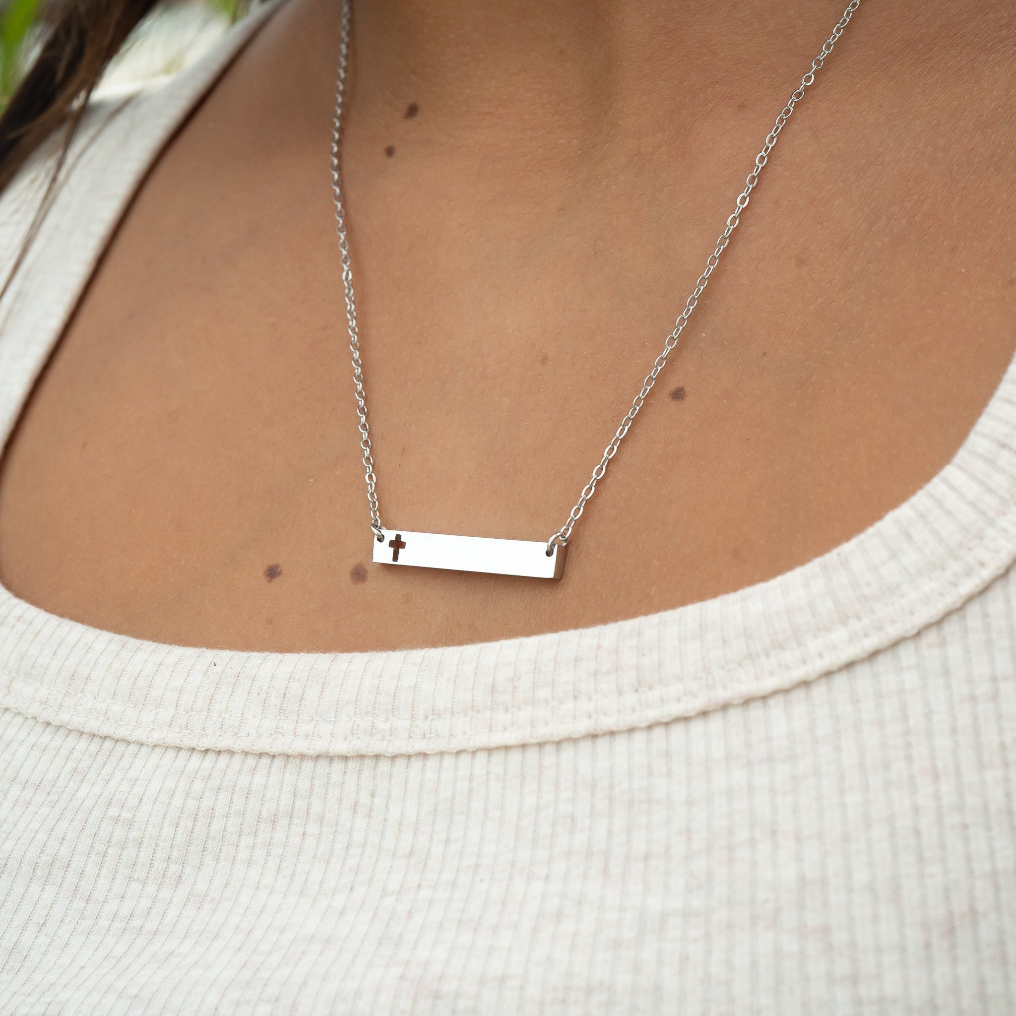 18K Gold PVD Stainless Steel Cutout Cross Blank Bar Necklace / SBB00106、mySite、dreamappss
