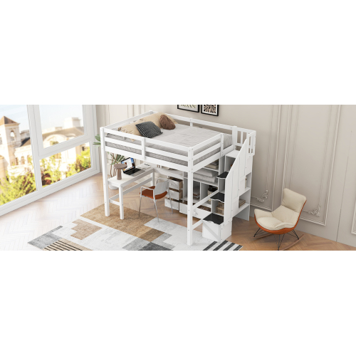 Twin Size Loft Bed with L-Shaped Desk and Drawers, Cabinet and Storage Staircase, White、、casual