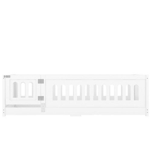 Twin Size Floor Bed with Heightened Safety Guardrails and Door, Solid Wood Bedframe with Rails for Girls, Boys, Teens, Child Bedroom, Kids Playroom, No Slats Included, White、、casual