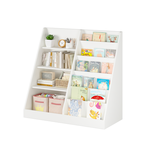 Kids Bookcase and Bookshelf, Multifunctional Bookcase with 3 Collapsible Fabric Drawers, Bookcase Display Stand, Toy Storage Organizer for Bedroom, Playroom, Hallway (White/Pink)、、casual