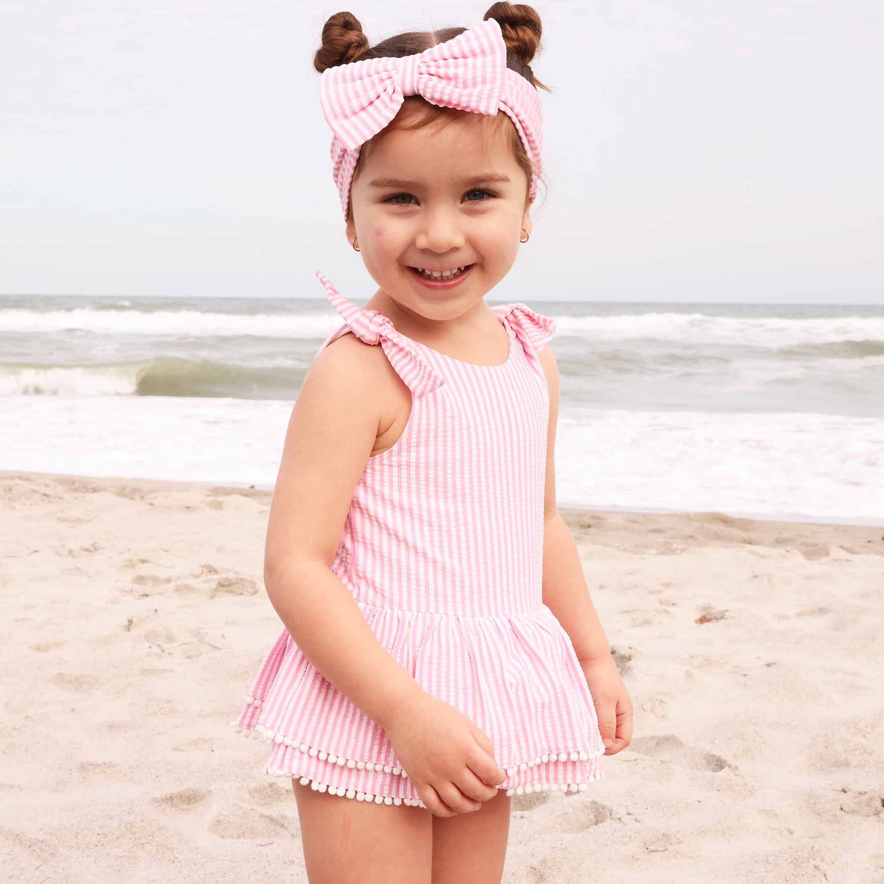  Tiered Skirt with White Pom Trim | Seersucker Dusty Pink、mySite、layawaytickets