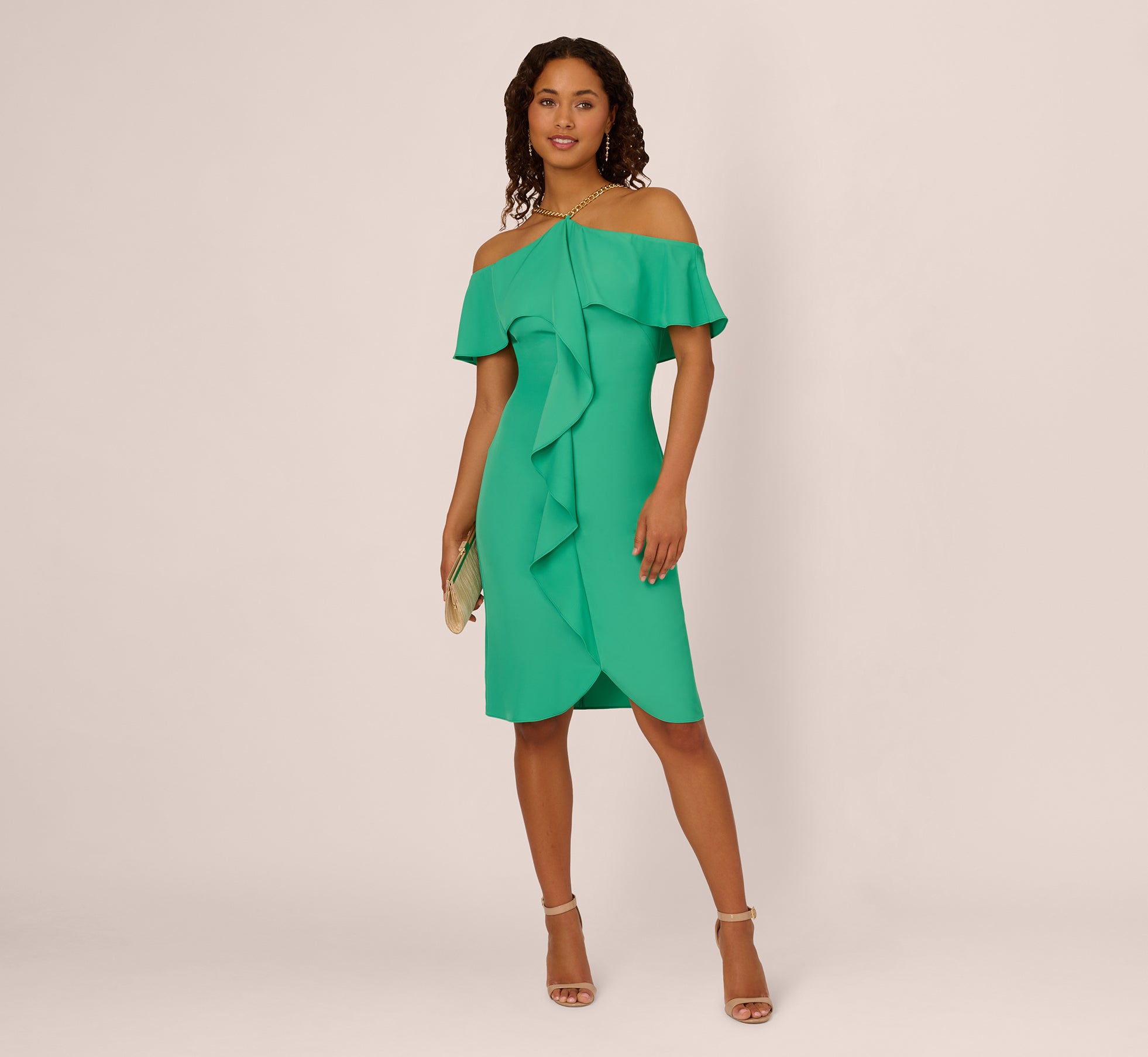 Ruffle Popover Midi Dress With Chain Halter Neckline In Flora Green、mySite、solidvoid