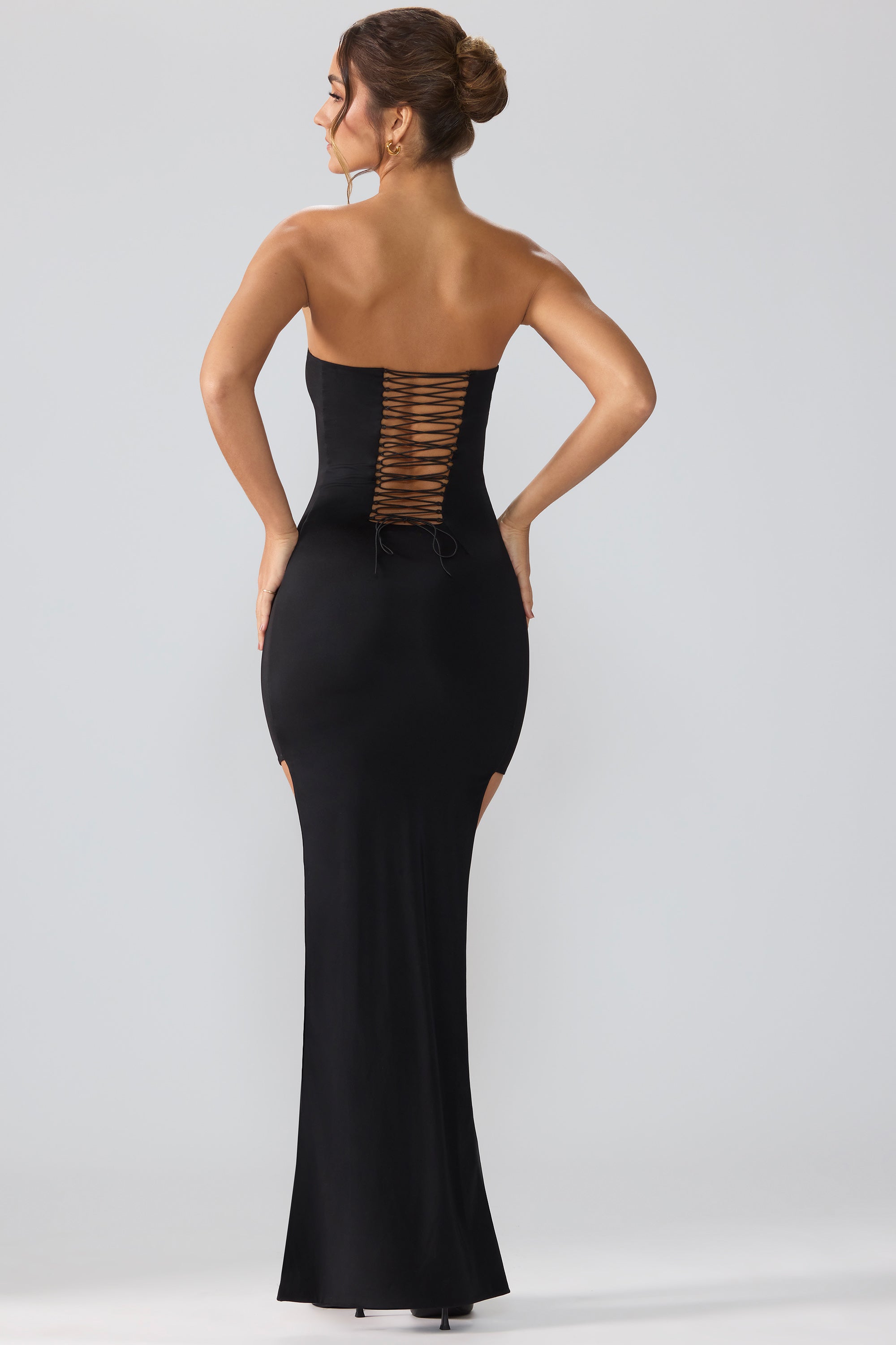 Premium Jersey Lace Up Back Mini Dress with Train in Black、mySite、solidvoid