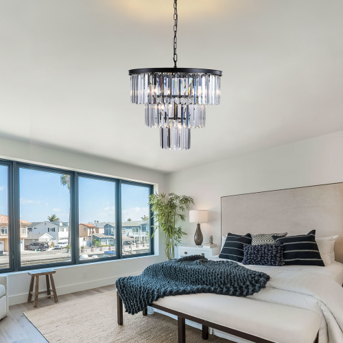 (NEW SKU:W1340P189315) 20" Modern Crystal Chandelier with Black Finish – Elegant 7-Light Pendant Light with 3 Tier Crystal Strands for Dining Room, Living Room, or Bedroom (Bulb Not Included)、、eastwooduniform