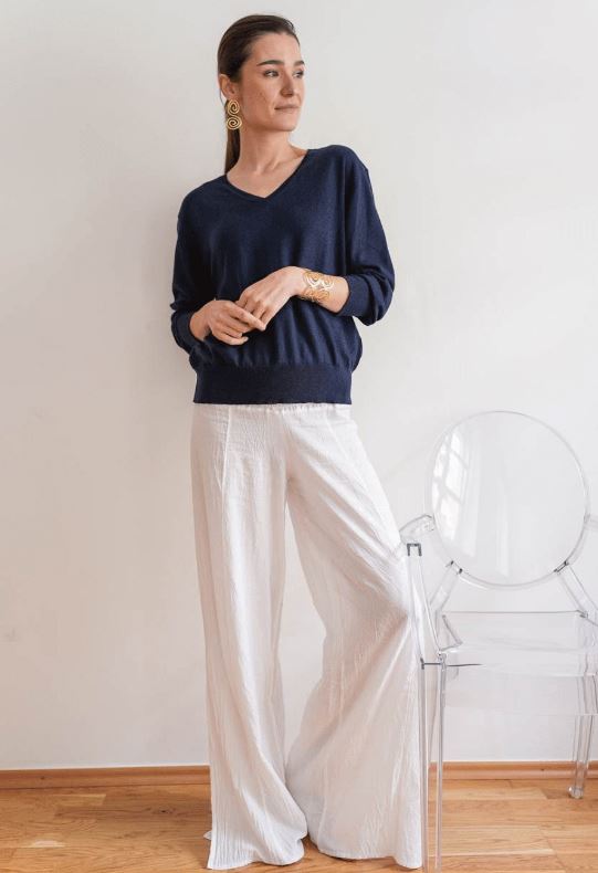 Debbie Katz Wander Cotton/Cashmere V-Neck Sweater, Navy、mySite、noshort