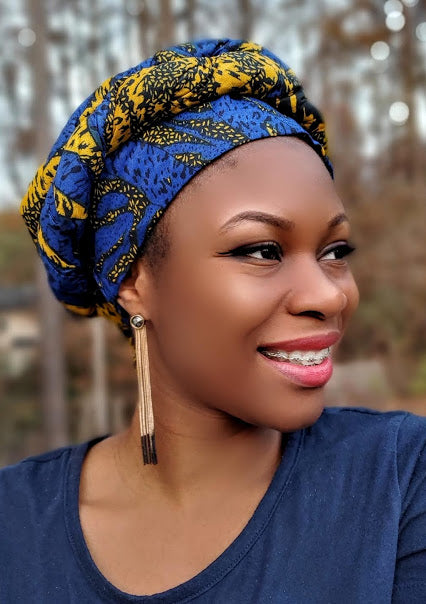Blue and Yellow African Print Pre-tied headrap-DP4071PT、mySite、solidvoid
