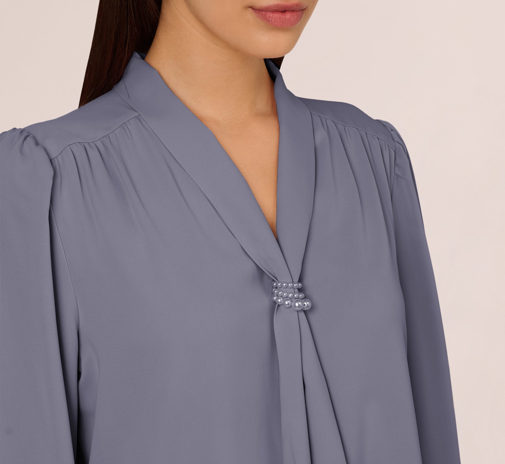Long Sleeve Embellished Tie Collar Blouse In Dusty Blue、mySite、solidvoid