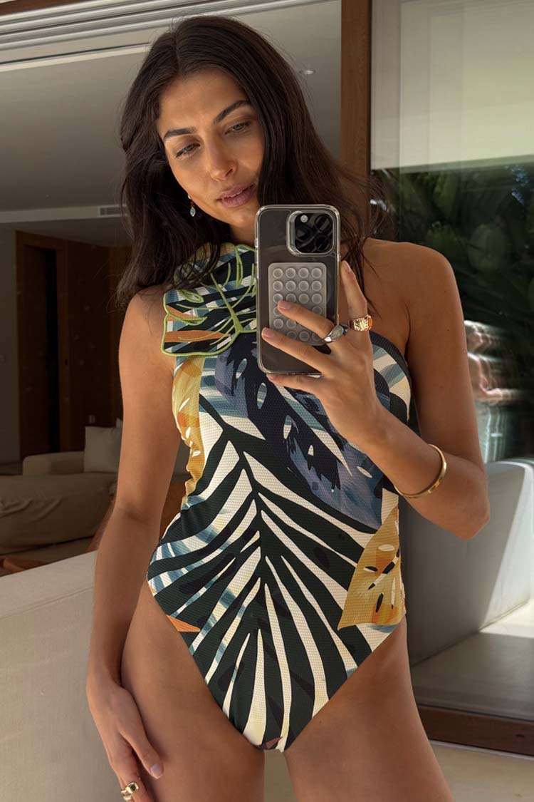 Palm Leaf One Shoulder Swimsuit、mySite、solidvoid