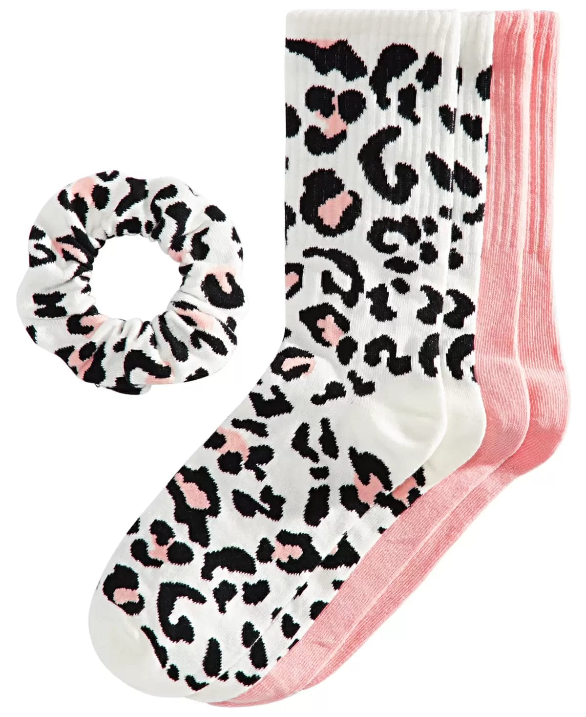 Women's Crew Socks & Scrunchie Set Jenni 2 Pair Leopard and Pink、mySite、g9winljtr