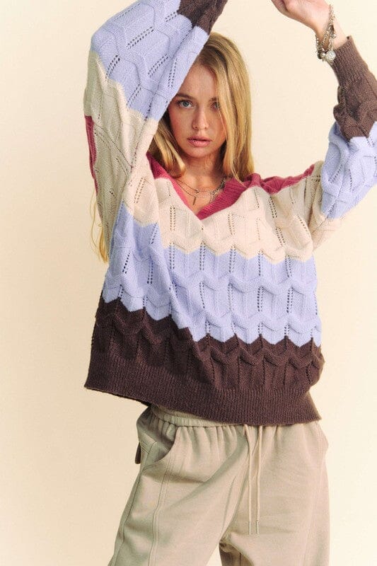 Davi & Dani Wavy Texture Color Block V-Neck Sweater、mySite、camillekostekn