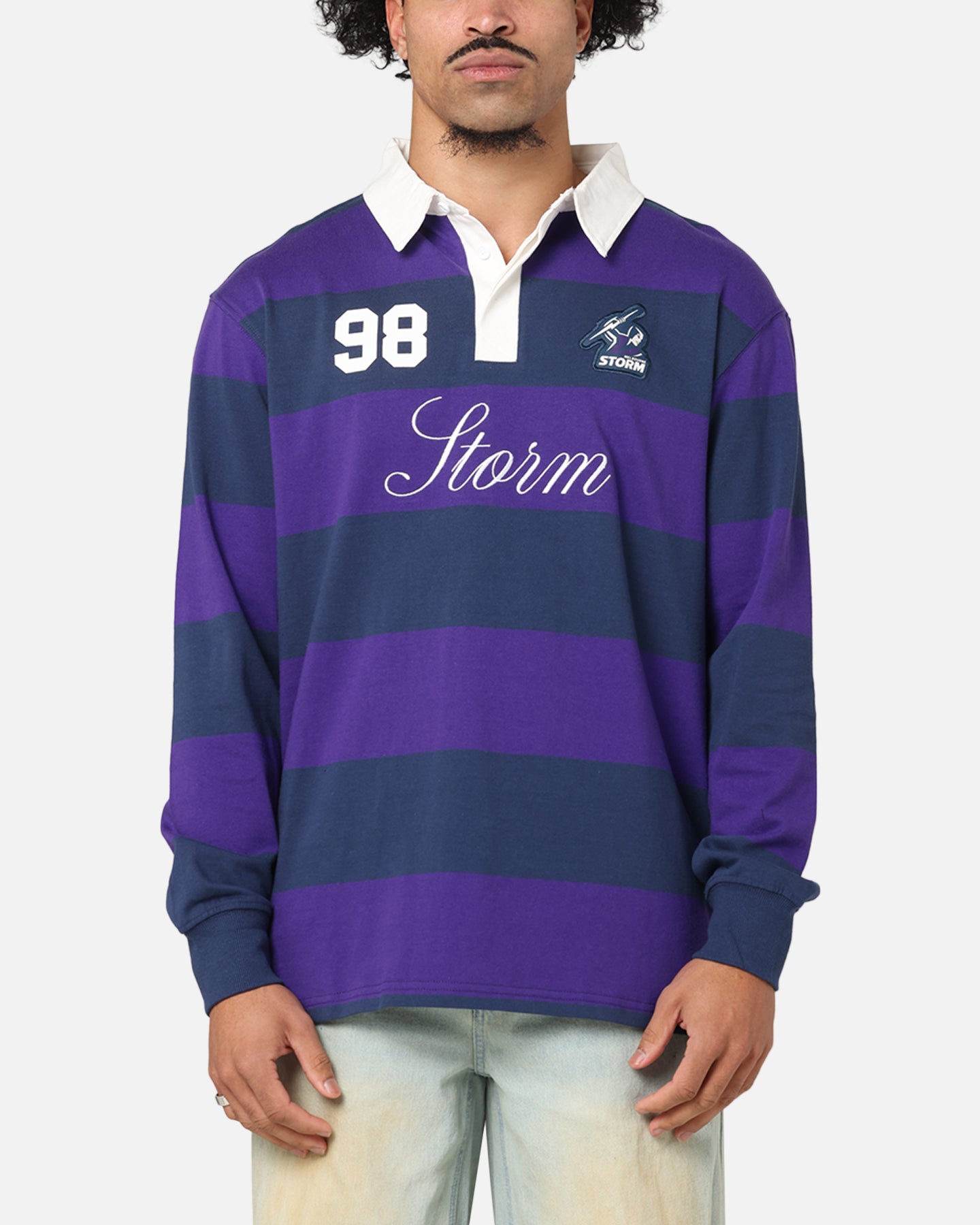 Bleacher Athletic Melbourne Storm NRL Stripe Rugby Polo Shirt Official Team Colour、mySite、zt4zffjzw