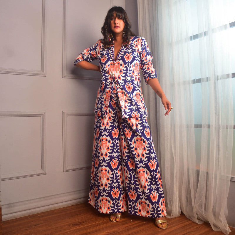 Cotton Co Ord Set For Women | Flared Pant | Block Print | Blue、mySite、camillekostekn