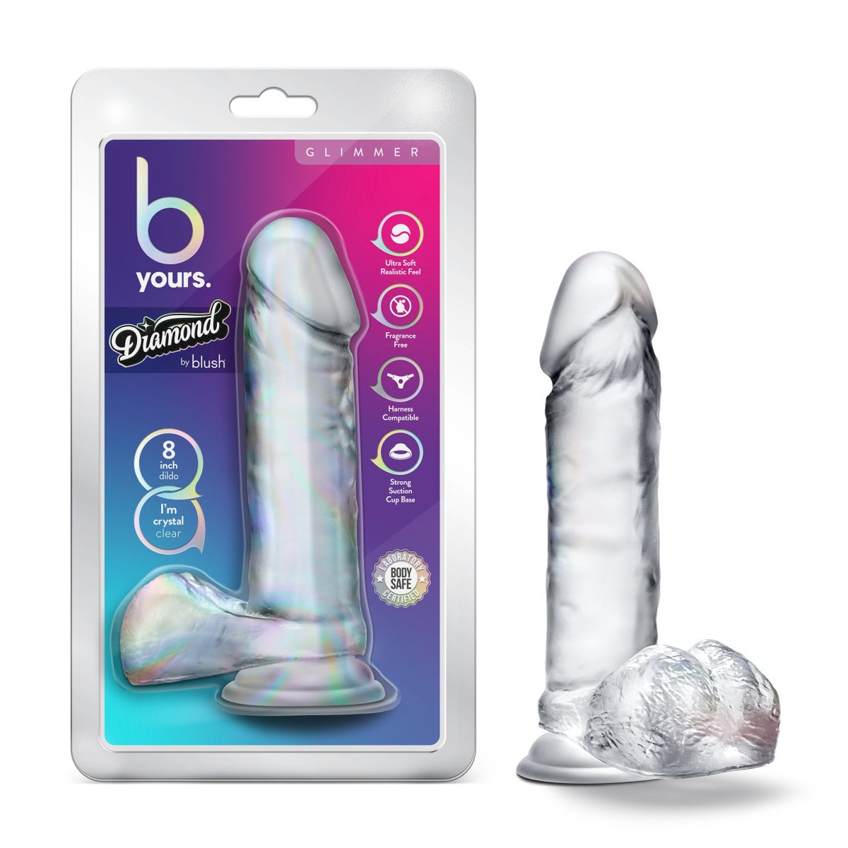 B Yours Diamond By Blush® | Glimmer Realistic Clear 8-Inch Long Dildo With Balls & Suction Cup Base、mySite、bottomscart