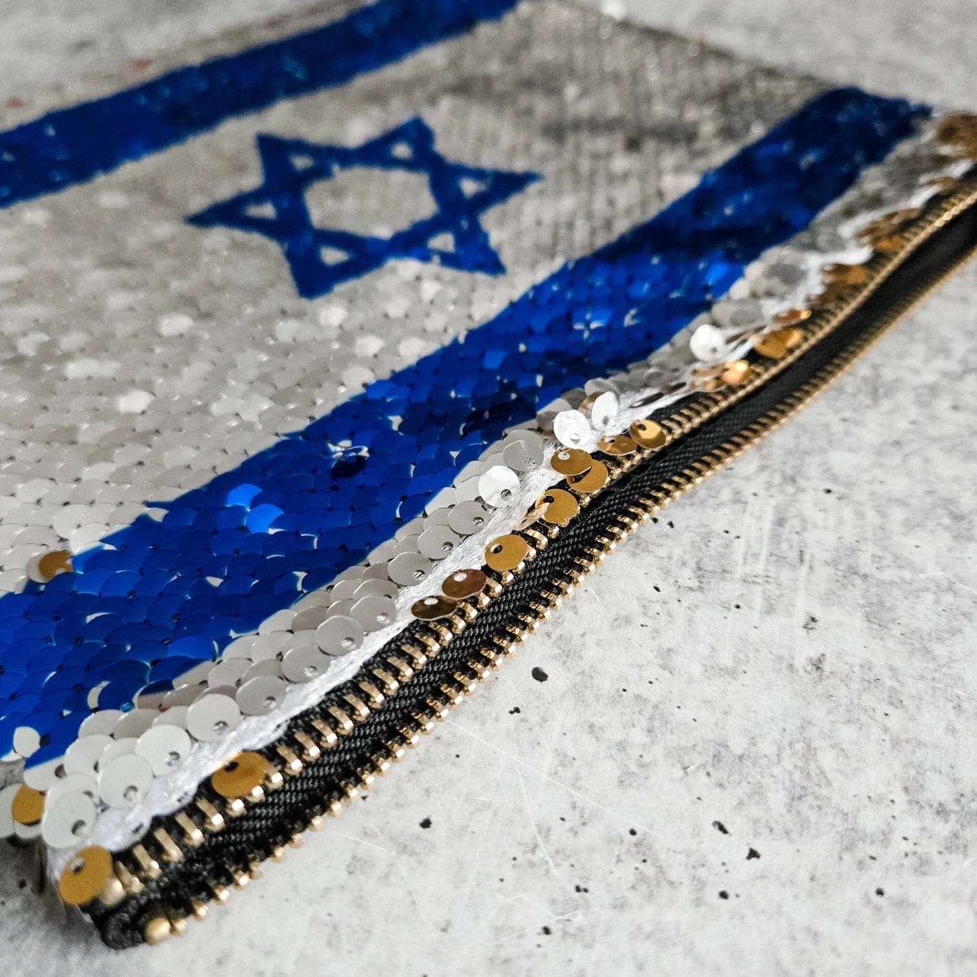 Israeli Flag and Gold Sequin Flip Cosmetic Bag、mySite、topwebapps
