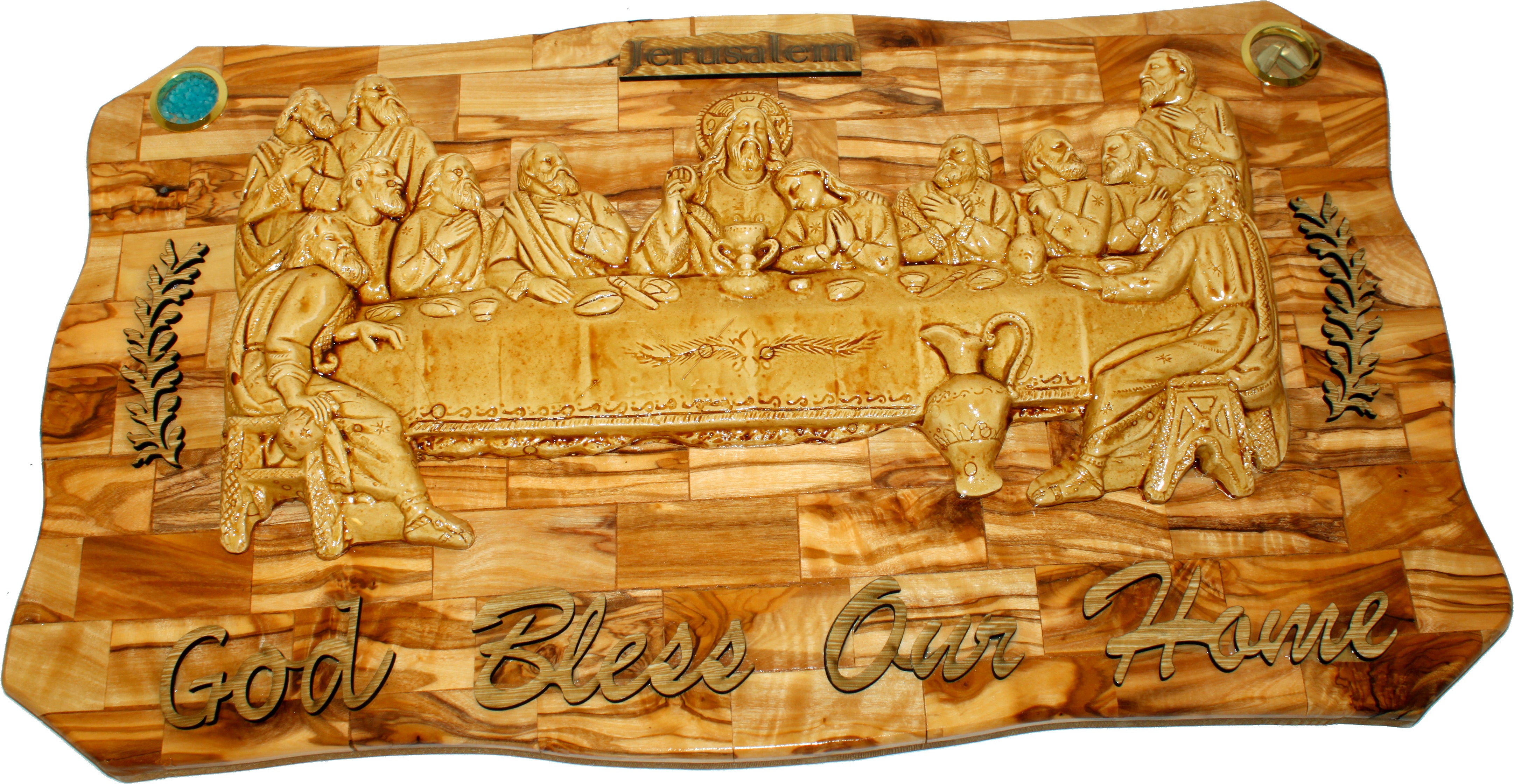  OLive wood Last Supper Plaque Hand Made in Bethlehem Holy Land with Alabaster / Ceramic clay、mySite、elrpsem3k