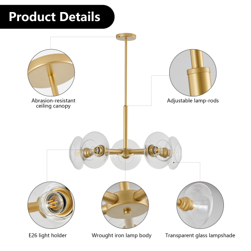 26" Modern Gold 5-Light Sputnik Chandelier with Clear Glass Shades, Mid-Century Hanging Pendant Light Fixture for Dining Room, Living Room, or Kitchen (Bulb Not Included)、、eastwooduniform