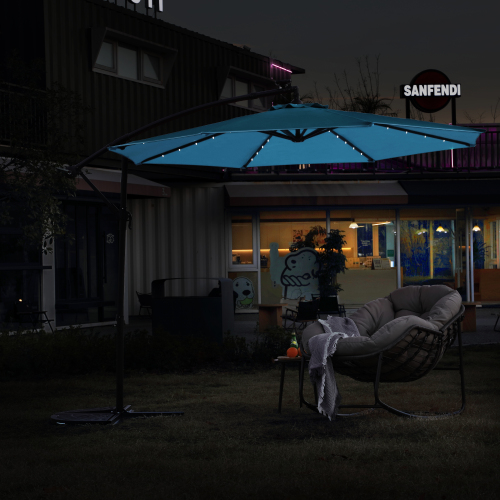 10ft Solar LED Offset Hanging Market Patio Umbrella ( khaki )(No Base)、、eastwooduniform