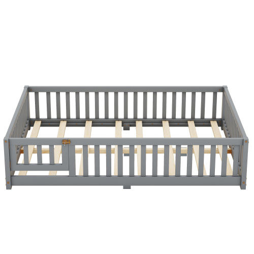 Twin Size Bed Floor Bed with Safety Guardrails and Door for Kids, Natural(Old SKU: W158090686)、、casual