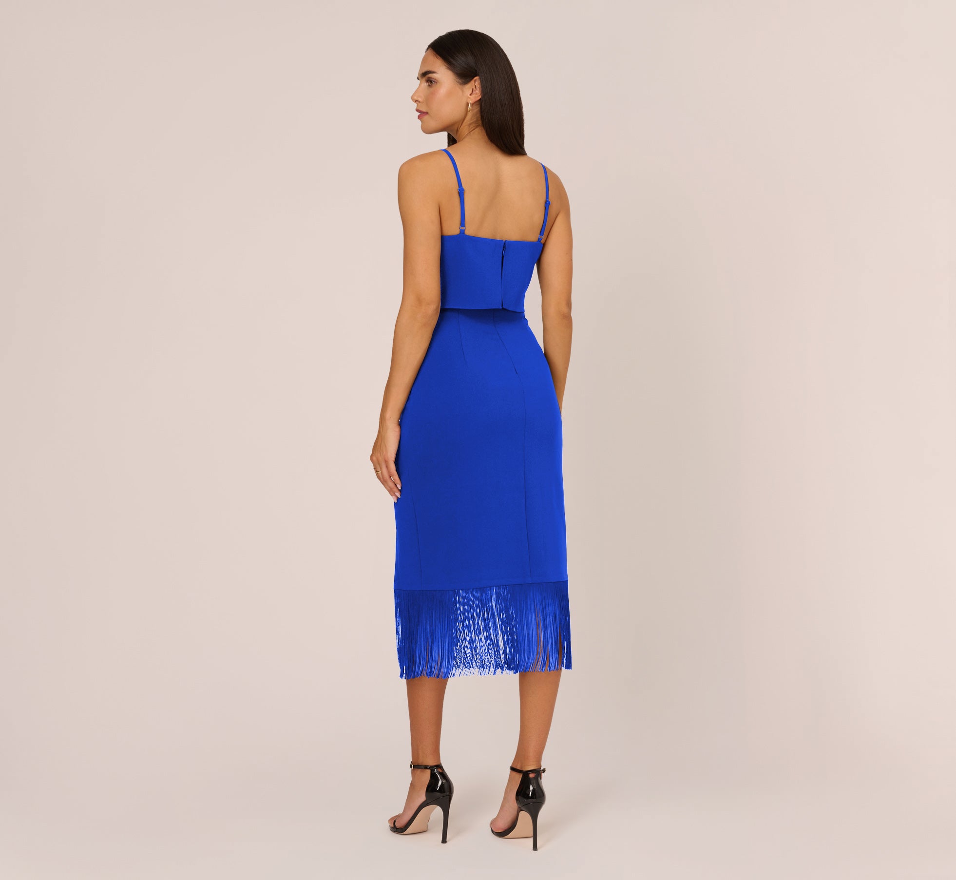 Crepe Popover Midi Dress With Fringe Trim In Royal Sapphire、mySite、solidvoid