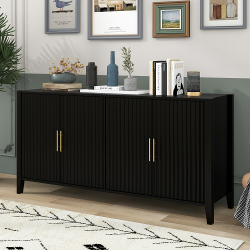 U_Style 63.1''Modern 4-Vertical Wavy Slatted Doors Sideboard,Storage Cabinet With Elegant Design, Solid Wood Legs with Painted,Metal Handles,for Dining Room,Living Room, Kitchen, or Entryway(Black)、、casual