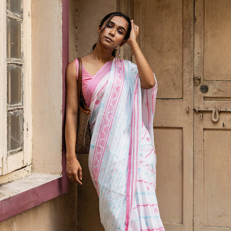 Cotton Saree | Hand Block Print | White & Blue、mySite、camillekostekn