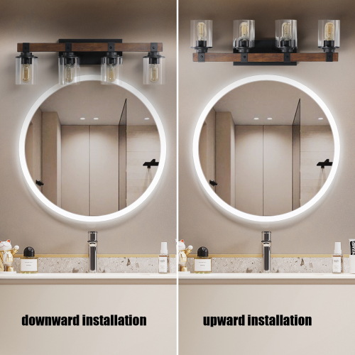 (Same as W1340119957/L1016) 27" Rustic 4-Light Vanity Light, Industrial Bathroom Wall Sconce with Glass Shades and Wood Accent, Modern Farmhouse Lighting Fixture (No Bulbs)、、eastwooduniform