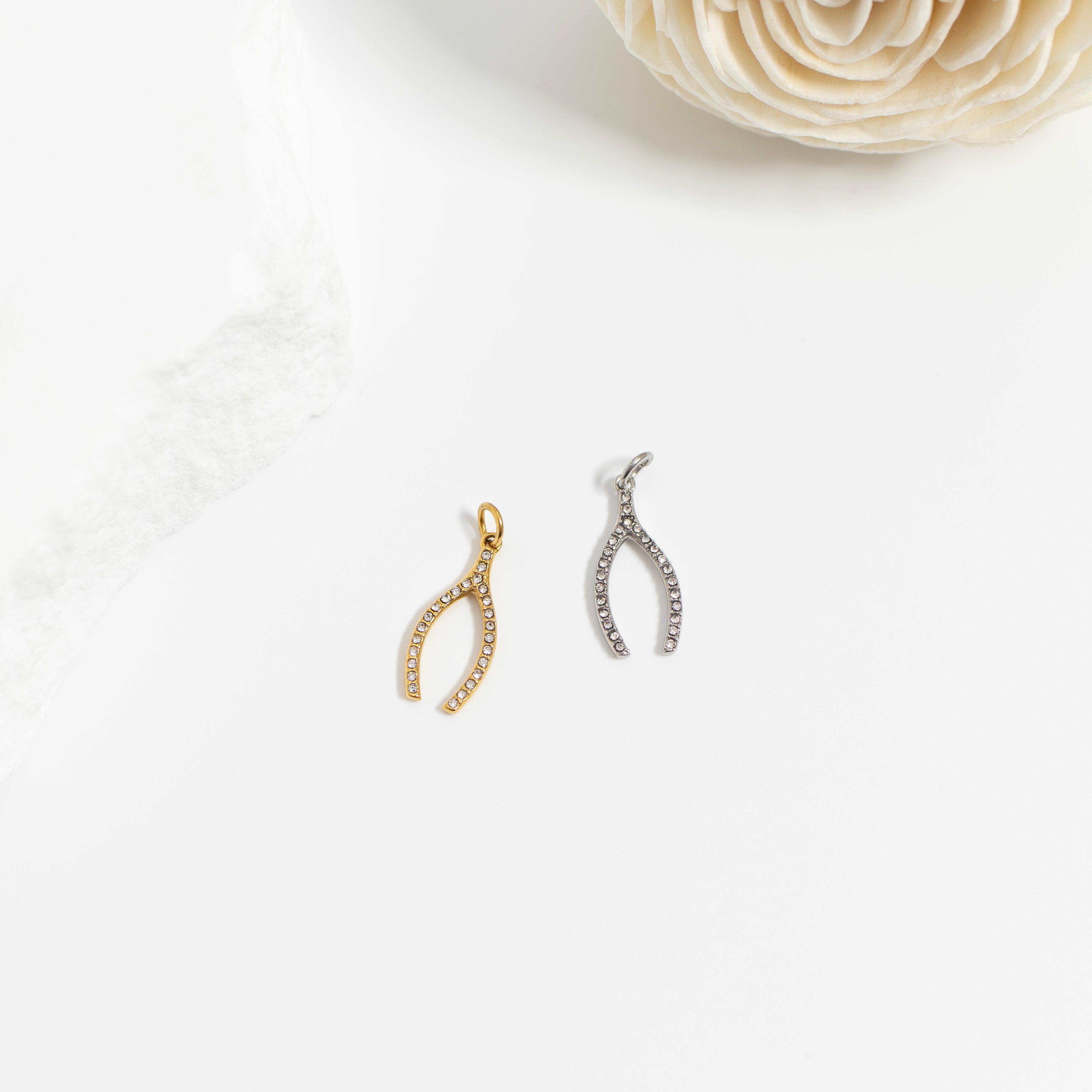 18K Gold PVD Stainless Steel Rhinestone Wishbone Charm / PDL0272、mySite、dreamappss