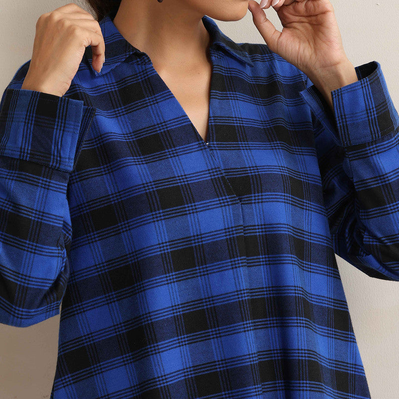 Cotton Short Kurta For Women | Checkered Print | Blue、mySite、camillekostekn