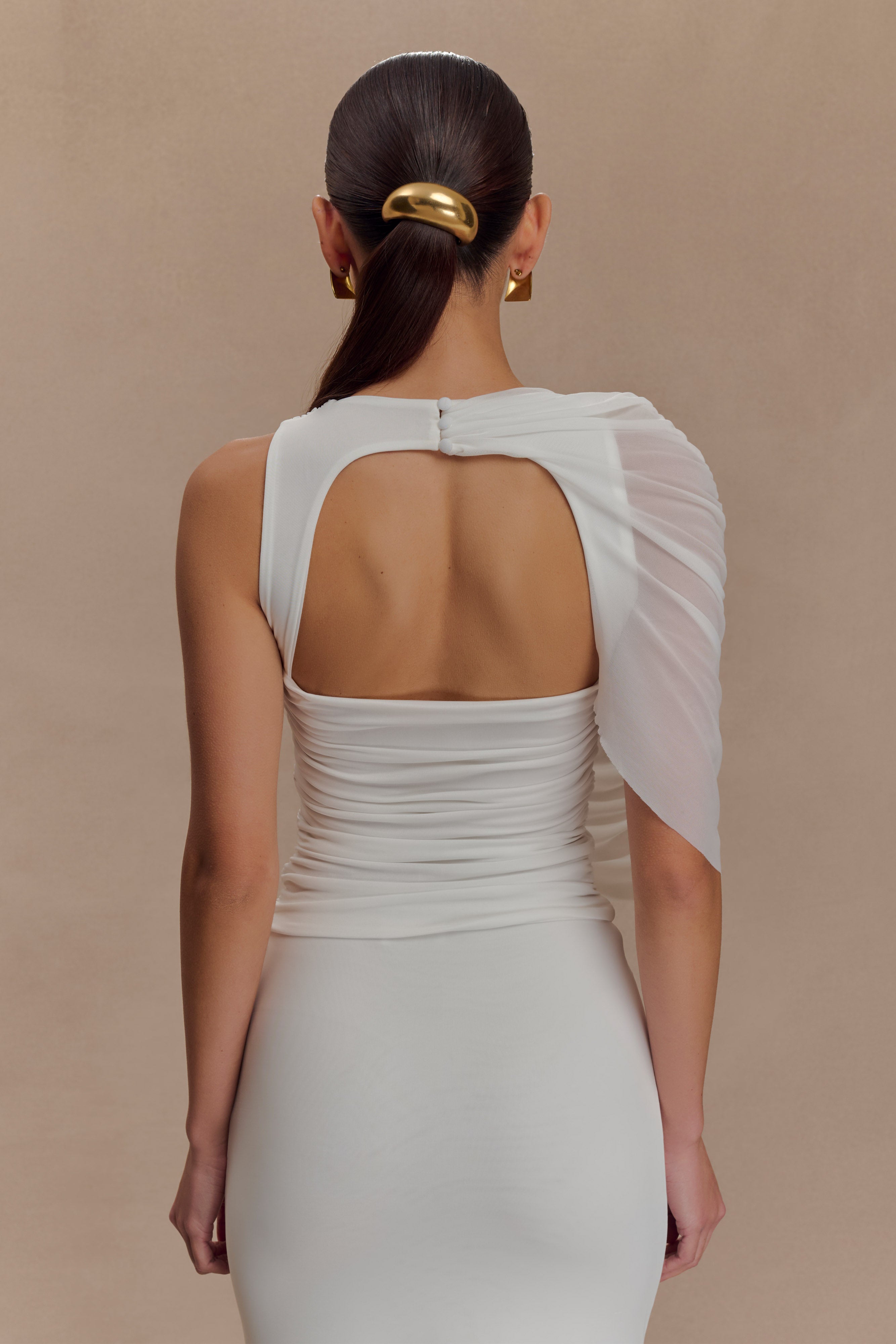 Pruedance Slinky Draped Top With Mesh Overlay - White、mySite、solidvoid