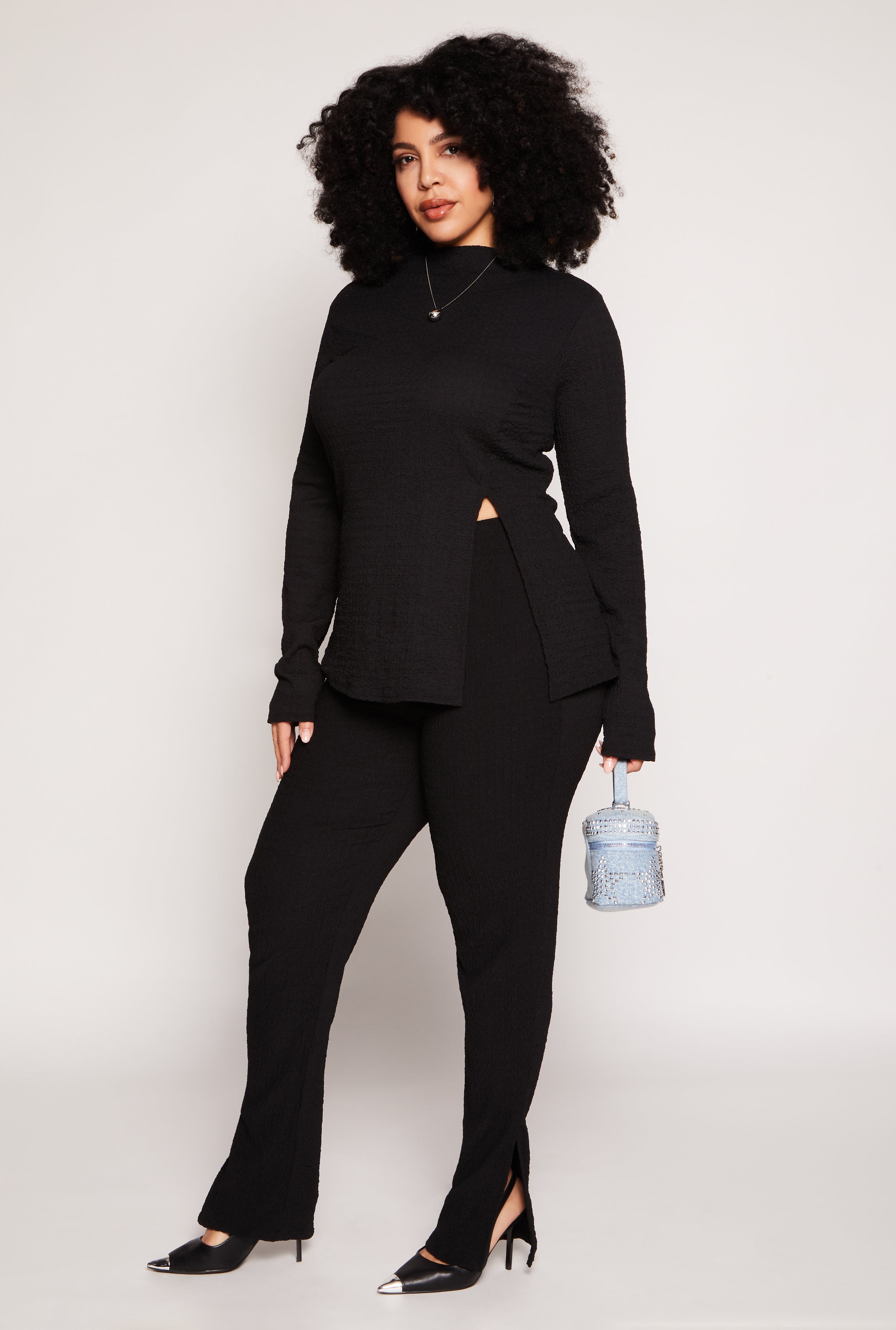 Plus Size Textured Knit Slit Hem Pants、mySite、camillekostekn