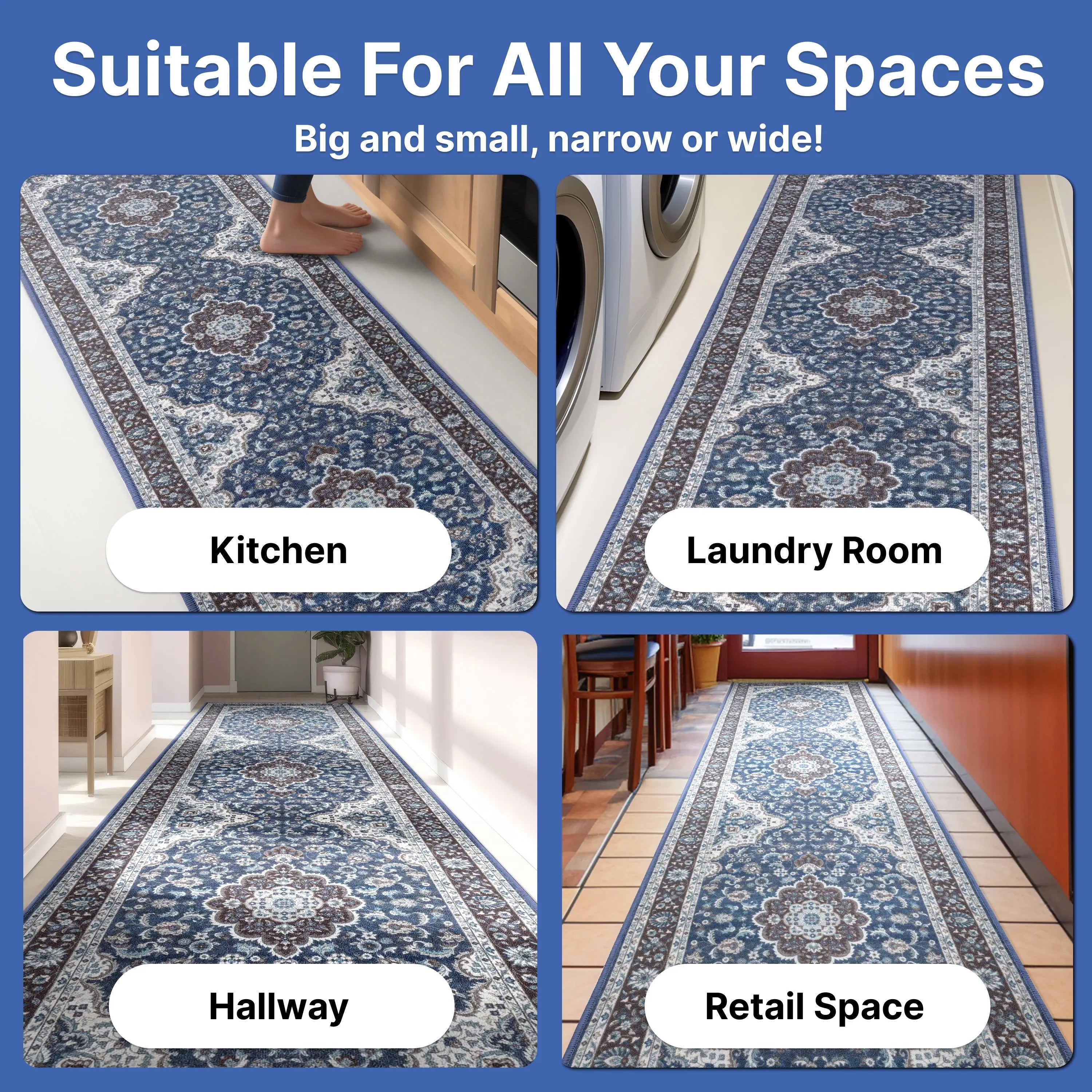 Custom Size Runner Gene Medallion Persian Blue Select Your Width x Choose Your Length Machine Washable Hallway Runner Rug、mySite、gigharbornorthrealestate