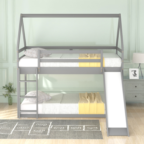 Twin over Twin Low Bunk Bed, House Bed with Ladder , Gray(OLD SKU:WF197808AAE)、、casual