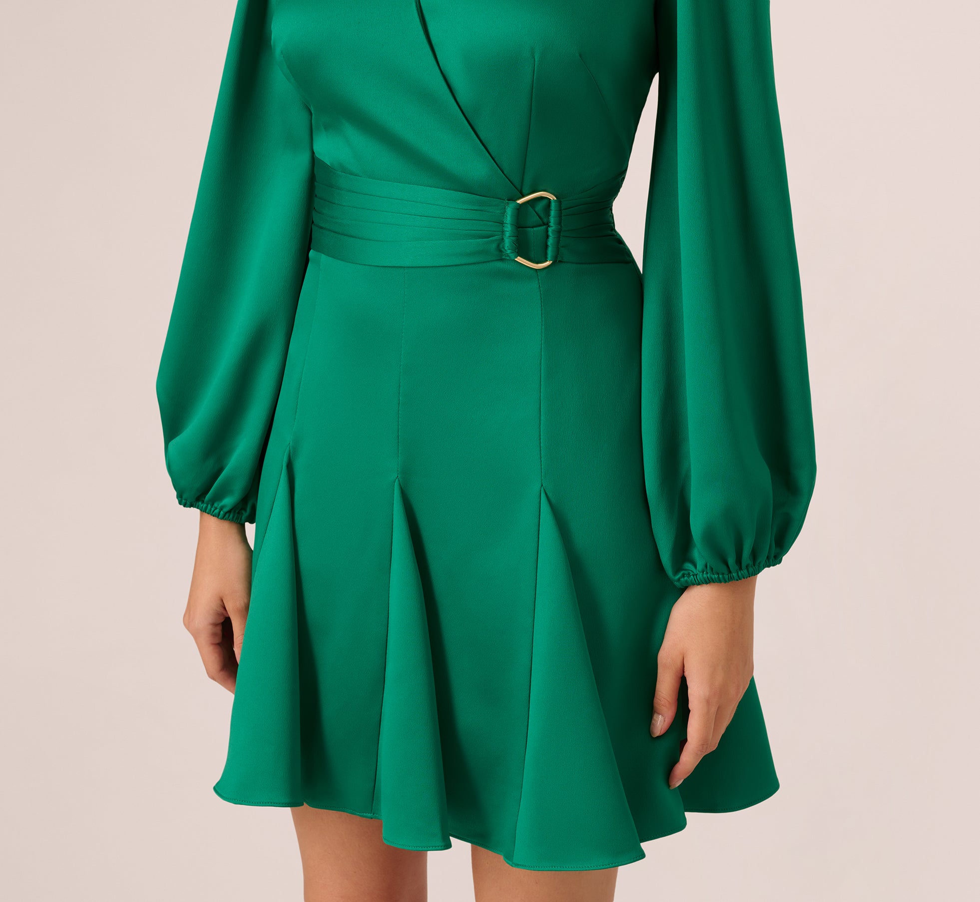 Godet Faux Wrap Short Dress In Radiant Emerald、mySite、solidvoid