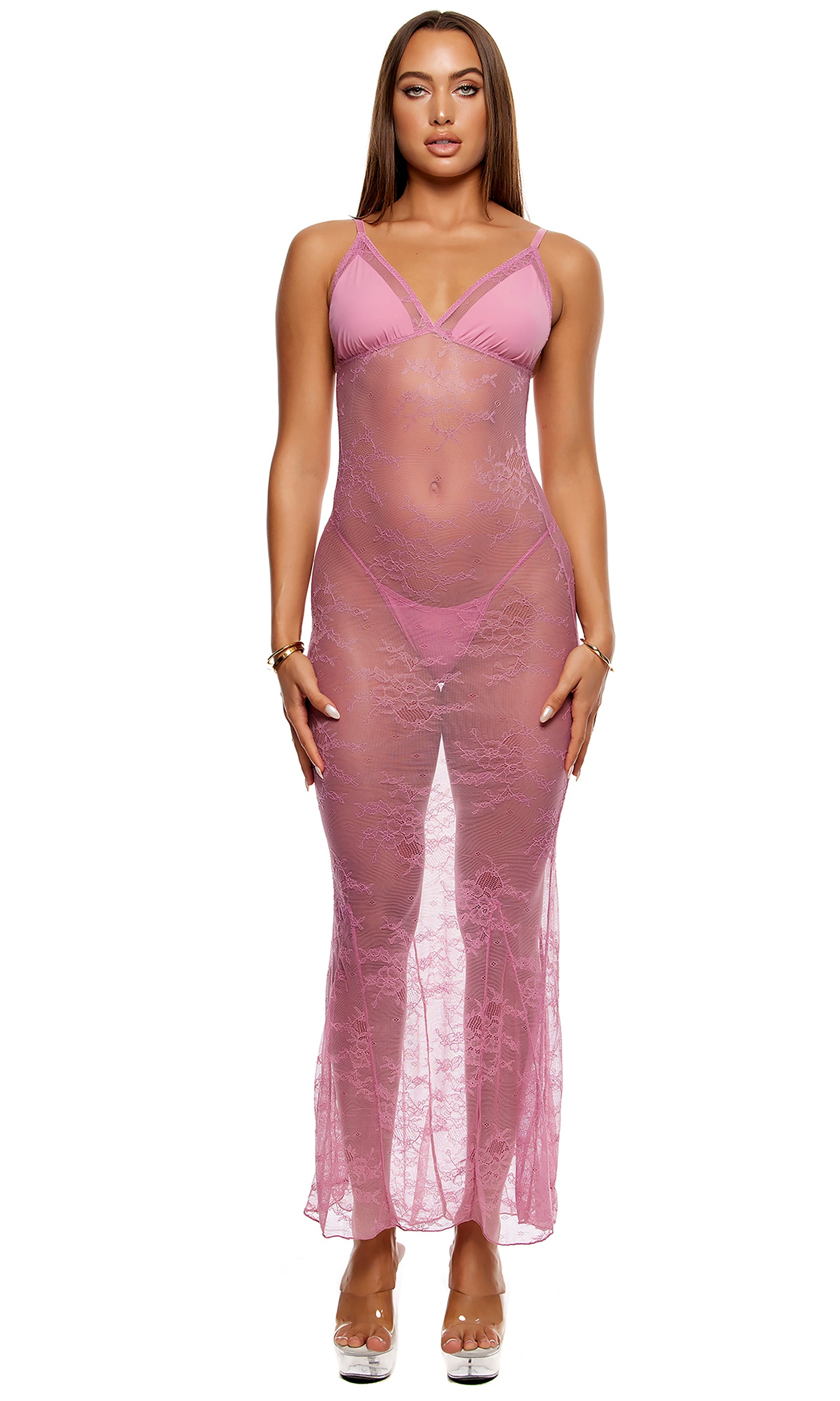 Take It Easy Lounge Lace Nightgown Lingerie Set - Mauve、mySite、bengalsvssteelers
