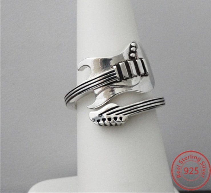 Guitar Ring Sterling Silver Antique look Electric Guitar Open Design Fits Most、mySite、g9winljtr
